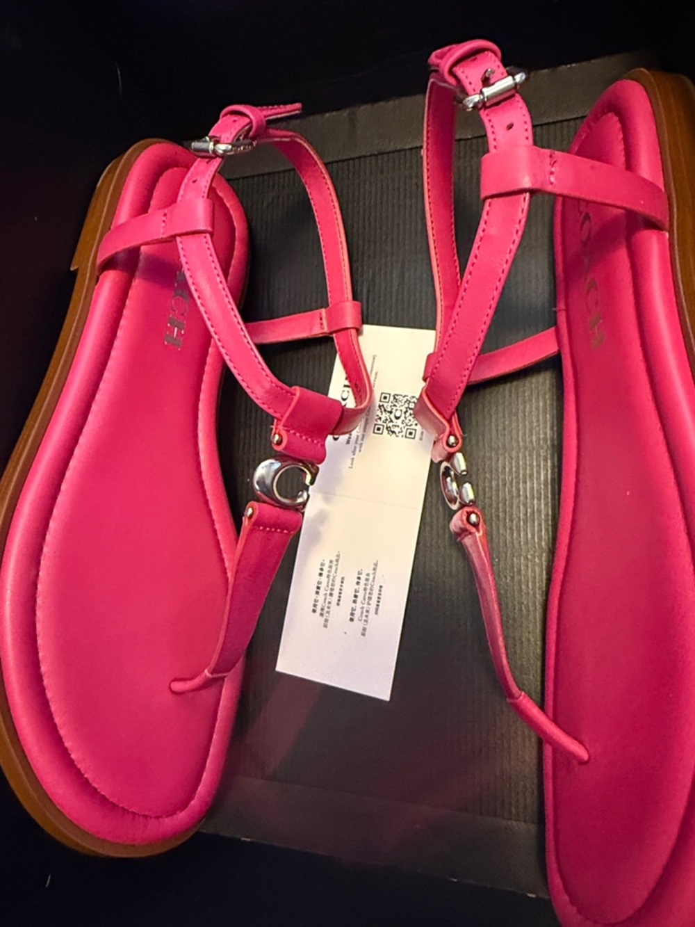 Coach Hot Pink Leather T-Strap Sandals with Signature 'C' Accent - Picture 6 of 6
